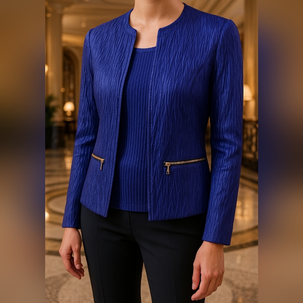 Women's Blue Satin, Crepe Blazer Jacket by Chicos, Gold zippers Size 2 or US 12